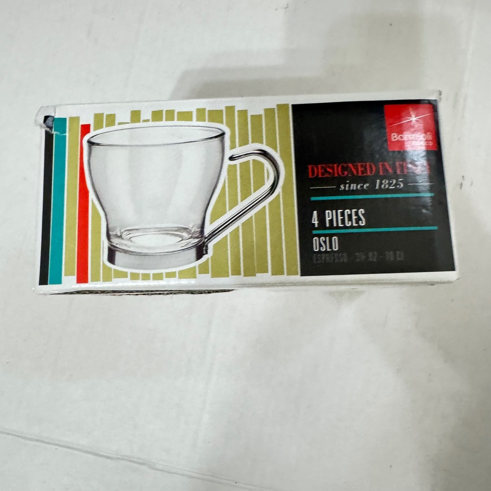 Bormioli Rocco Oslo‎ Espresso Cups 4 Tempered Glass Stainless Steel 3.5oz SPAIN